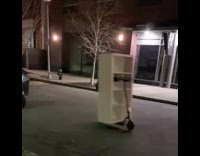 Guy rides scooter while carrying large bookshelf 