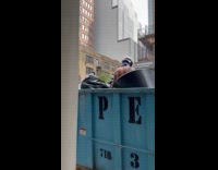 Shirtless man picks up things from dumpster