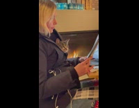 Woman with cat in coat holding menu in cafe