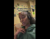 Girl green hoodie headphones joke skit 