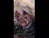 Girl cosplays as anime character, holding Super Mario bag, and anime toys