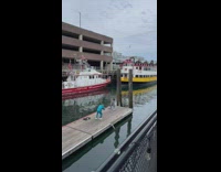 Girl striped shirt dance on bridge port