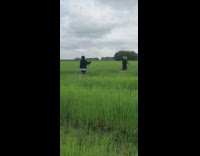 Blonde lady in black runs away for video 