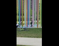 Shirtless guy black pants between colorful poles