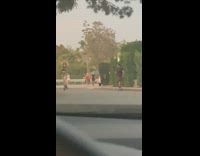 Girl rollerblades red shorts guy follows skateboard 