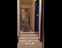 Man wrapped in cling wrap by sister