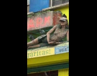 Pigeons stands over mannequin display at roof