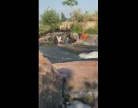 Girl sits rock small waterfall rushing river 