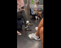 Collab WINY - Woman white shirt ride train huge snake on lap