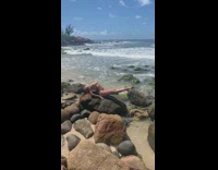 Woman bikini arch back sit rock beach