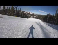 Skier jumps off ramp and falls on landing, Go pro helmet camera