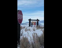 Woman in bikini and coat poses in front of the signage