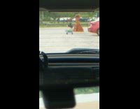 Girl long brown dress hat parking lot