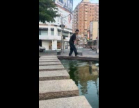 Dog walks on leash falls in fountain