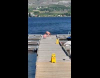 Woman in bikini baby freeze pose at the docks