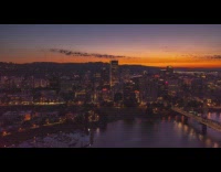Drone hyperlapse downtown portland oregon buildings sunset