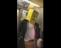 Person subway train spongebob head costume