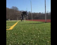 Slo-mo video girl jumps over hurdle, trips over it, and falls down