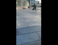 White shirt blue shoes girl green railing