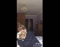 Girl gives dog long hug 