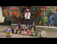 Guy playing saxophone with dancing stuffed animals