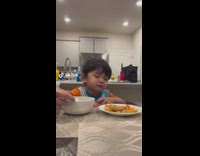 Sleepy Kid Insists to Eat Dinner with Family