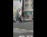 Girl run middle street dance car stoplight