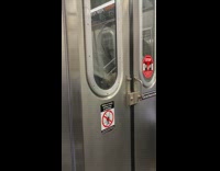 Guy holds white bag subway train door