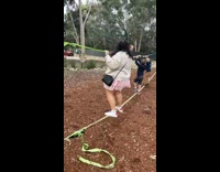 Collab VIBES - Lady tries to hold onto park ropes but falls off 