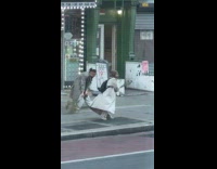 Women spin around hold plant branches street