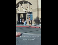 Woman enter grocery black swimsuit butt mask