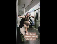 The Things You See on The Night Train Skin Suit Woman Walks Through Train Car