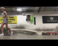 Collab ShredSlams - Woman tries to kickflip on skateboard and hits herself in the crotch in indoor skatepark