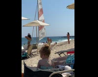 Girl purple bikini jump on boat beach