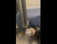 Guy sleeps on subway with condom underneath 