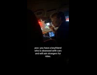 Man asking strangers for ride on sports cars