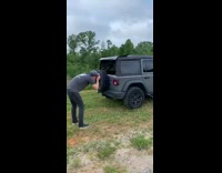 Grey shirt hat guy dog jeep trunk 