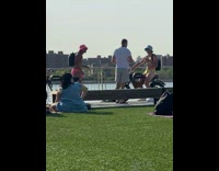 Two guys hat and underwear ride motorcycle