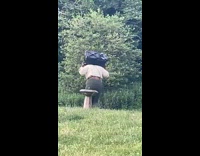Woman with speaker drinks out of fountain