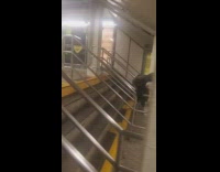 Guy white costume mask push ups railing