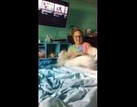 Woman plays with dog runs around bed