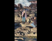 Girl blue hair lick ice pop beach