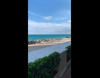 Woman red dress poses by the beach