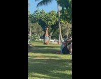 Barefoot girl headstand park grass seagull bird