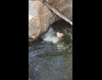 Guy jumps off boulder cliff and hits head on rock before he dives into waterfall pool