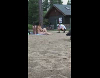 Two bikini girls black grey goose bird 