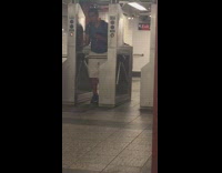 Guy pays with metro card and uses operating turnstile instead of broken turnstiles at subway station