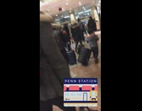 Dog piggyback rides in red backpack on owners back, subway station