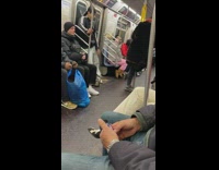 Collab Subway Creatures - Drunk woman orange pink scarf dances on pole on subway train