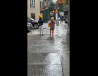 Ladies walking with canva bag on head